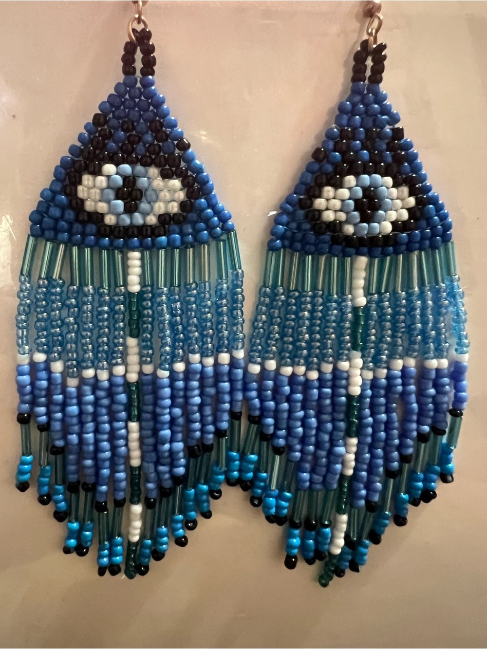 Blue Beaded Evil Eye Fringe Earrings - Artisan Statement Drop